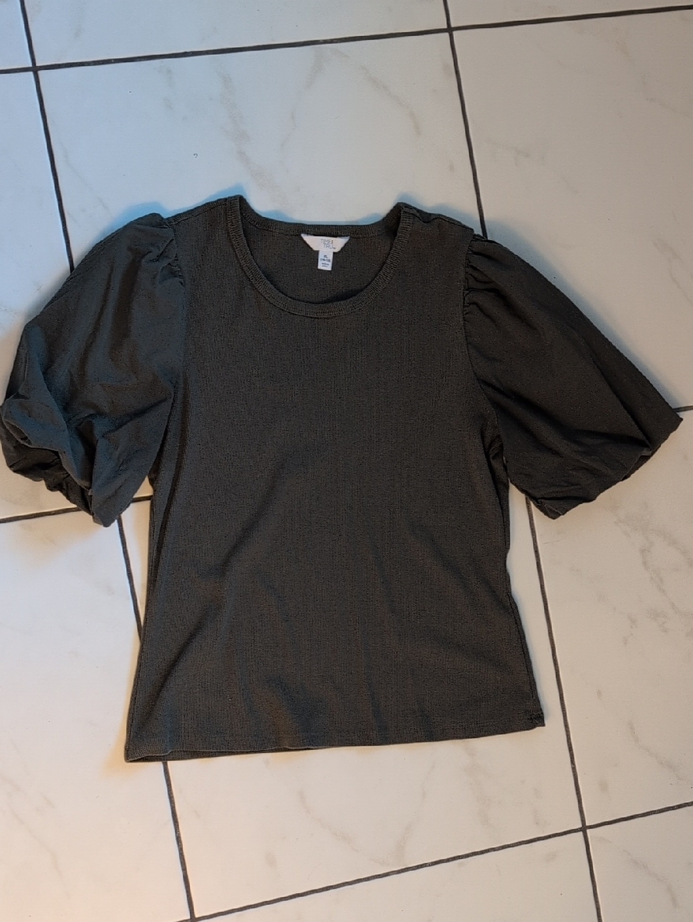 Time and Tru Puff Sleeve Knit Top - Olive Green